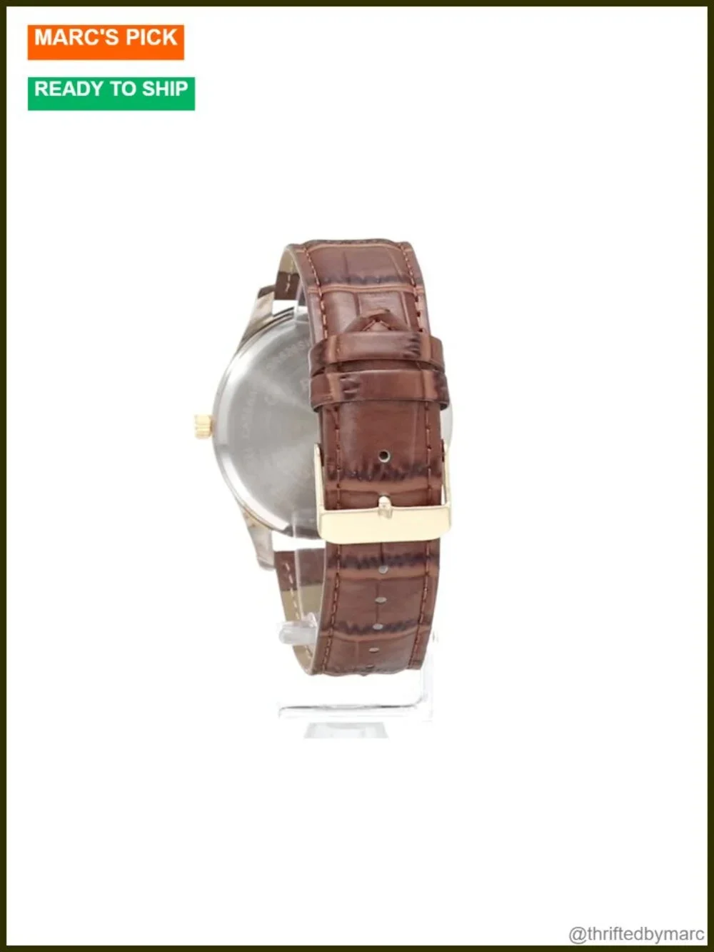Men's Analog Dress Watch with Blue Sunray Dial Gold-Tone Bezel and Brown Faux